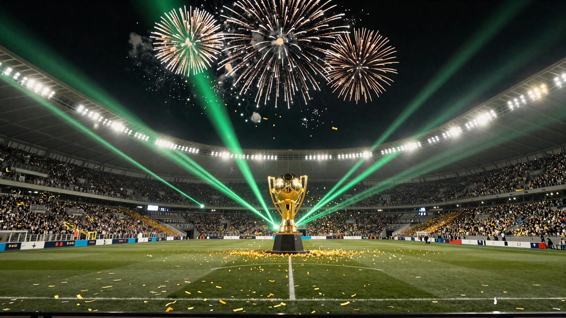 Champions Arena bei Nacht mit Feuerwerk und goldenem Pokal auf dem Fu&szlig;ballplatz von Golisimo Casino