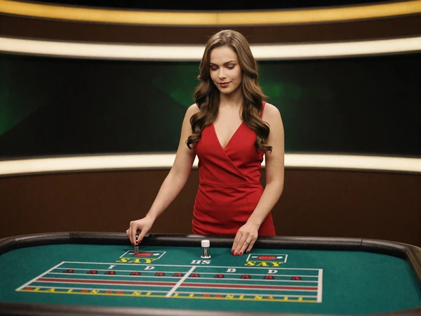 Live Casino Studio mit Dealerin in rotem Kleid am Roulette-Tisch mit gr&uuml;nem Filz