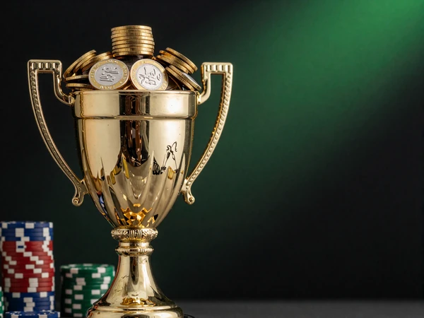 Goldener Pokal &uuml;berlaufend mit Goldm&uuml;nzen und Casino-Chips auf dunklem Hintergrund mit gr&uuml;nem Spot bei Golisimo