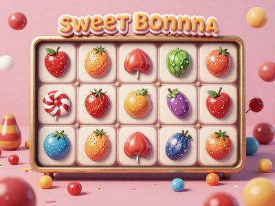Sweet Bonanza Slot mit bunten S&uuml;&szlig;igkeiten und Fr&uuml;chten auf pastellfarbenem Hintergrund