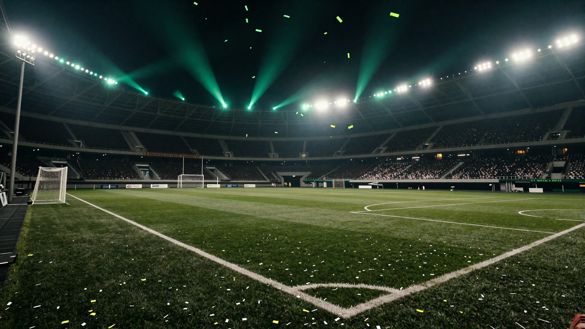 Fu&szlig;ballplatz bei Nacht mit Flutlicht, Torpfosten und gr&uuml;nem Konfetti f&uuml;r Slots bei Golisimo Casino
