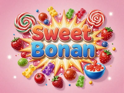 Sweet Bonanza Slot mit bunten S&uuml;&szlig;igkeiten und Fr&uuml;chten auf pastellfarbenem Hintergrund bei Golisimo