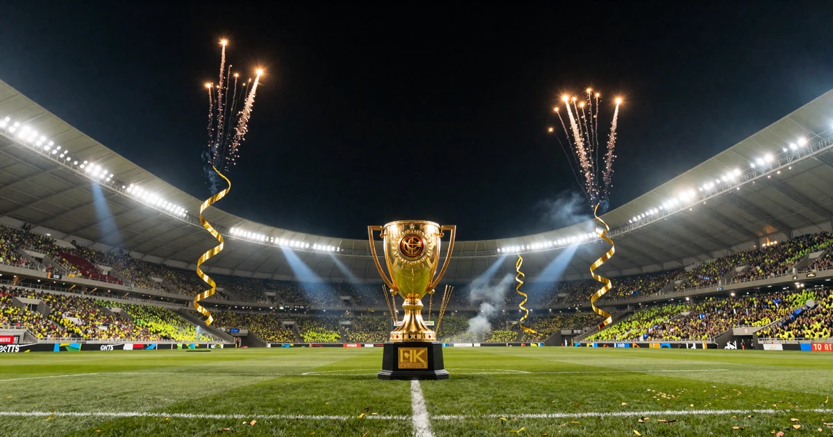 Champions Arena bei Nacht mit goldenem Pokal, Feuerwerk und Serpentinb&auml;ndern auf dem Fu&szlig;ballfeld von Golisimo Casino
