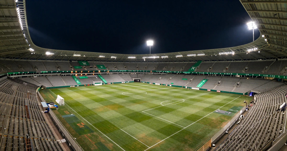 Fu&szlig;ballstadion bei Nacht mit Flutlicht und gr&uuml;nem Rasen f&uuml;r Sportwetten bei Golisimo Casino